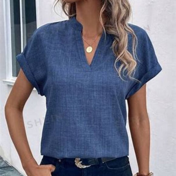 Tops - Short Sleeve Batwing Top W/ Notched V-Neckline